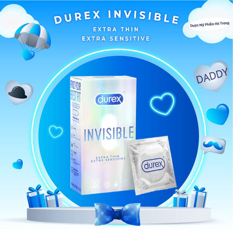 Bao cao su Durex Invisible siêu mỏng, size 52mm, hộp 10 bao [Auto che tên]