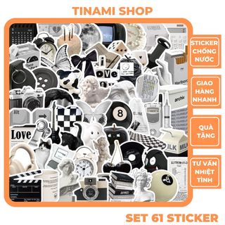 Bộ 61 sticker trắng đen đơn giản chủ đề cuộc sống hình dán chống nước trang trí điện thoại laptop