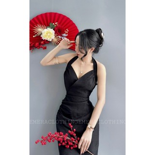 Crystal Dress Đen - Đầm thiết kế dự tiệc, cổ yếm, xếp ly eo, xẻ tà tôn dáng Emera