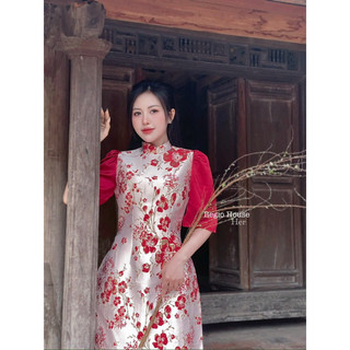 áo dài hoa gấm nổi cho mẹ bé