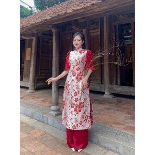 áo dài hoa gấm nổi cho mẹ bé