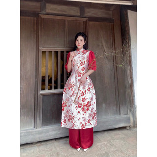 áo dài hoa gấm nổi cho mẹ bé