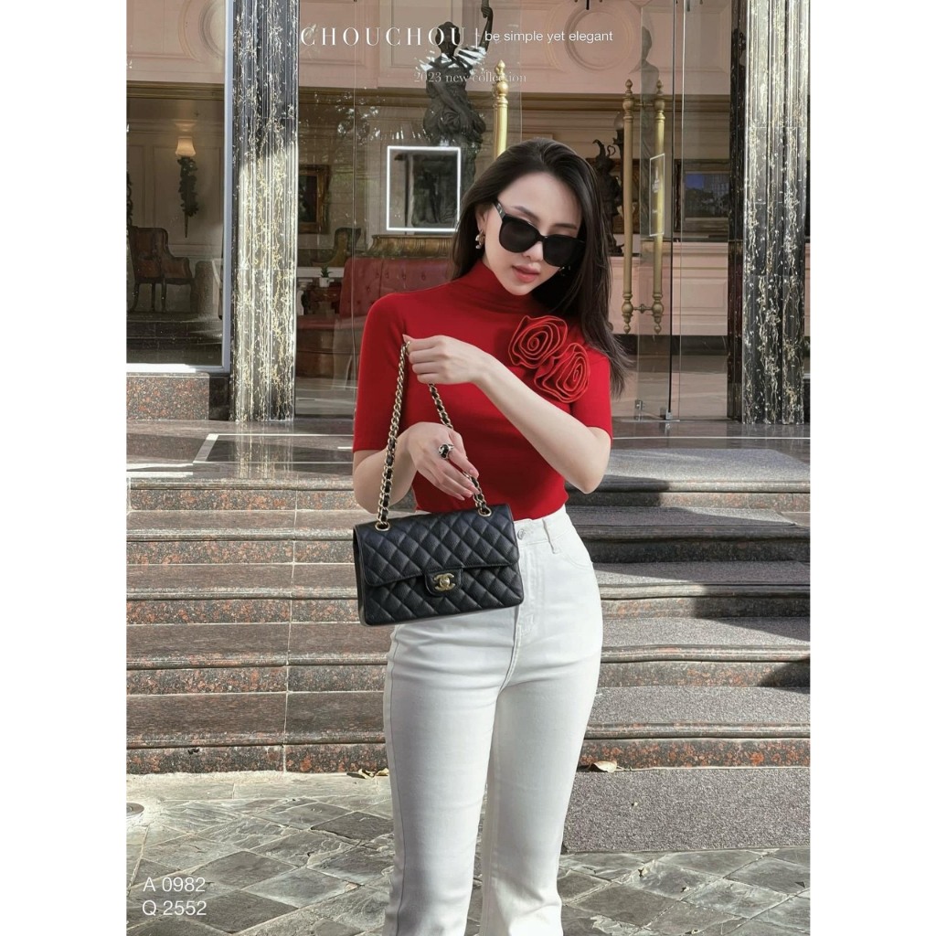 Áo thun nữ, ánh kim, áo ngắn tay, cổ lọ phối nơ hoa hồng, ôm body