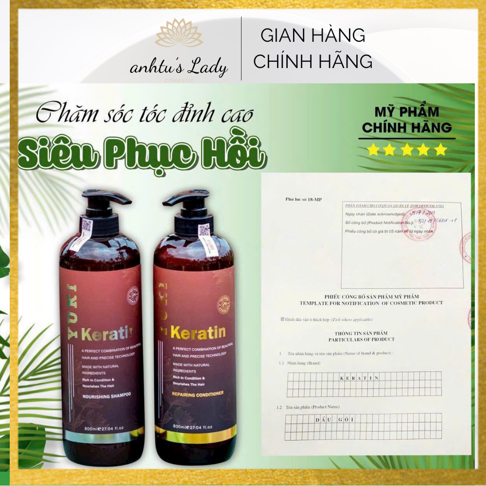 Gội xả Keratin Yuki 800ml Phục Hồi tóc khô xơ và kiểm dầu
