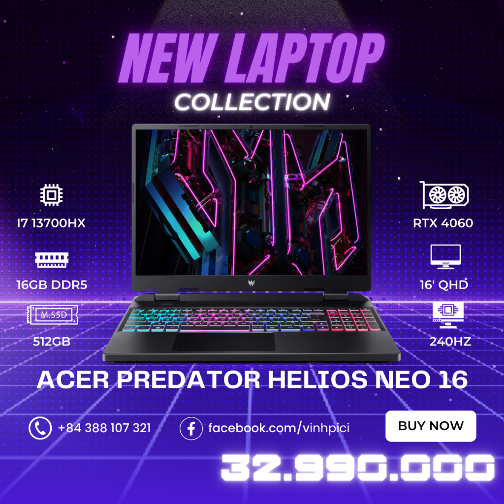 Laptop Acer Predator Helios Neo 16 PHN16-71-54CD (i7-13700HX/ RTX 4060/Ram 16GB/ SSD 512GB/ 16' QHD 240Hz)