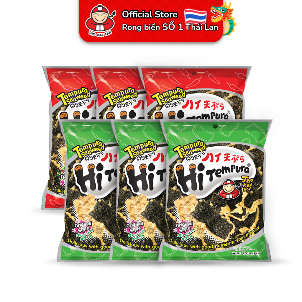 [COMBO 6 GÓI MIX VỊ] Snack rong biển TaoKaeNoi Hi Tempura chiên giòn kiểu Nhật 25g x 6 gói ( 3 Cay, 3 Truyền Thống)