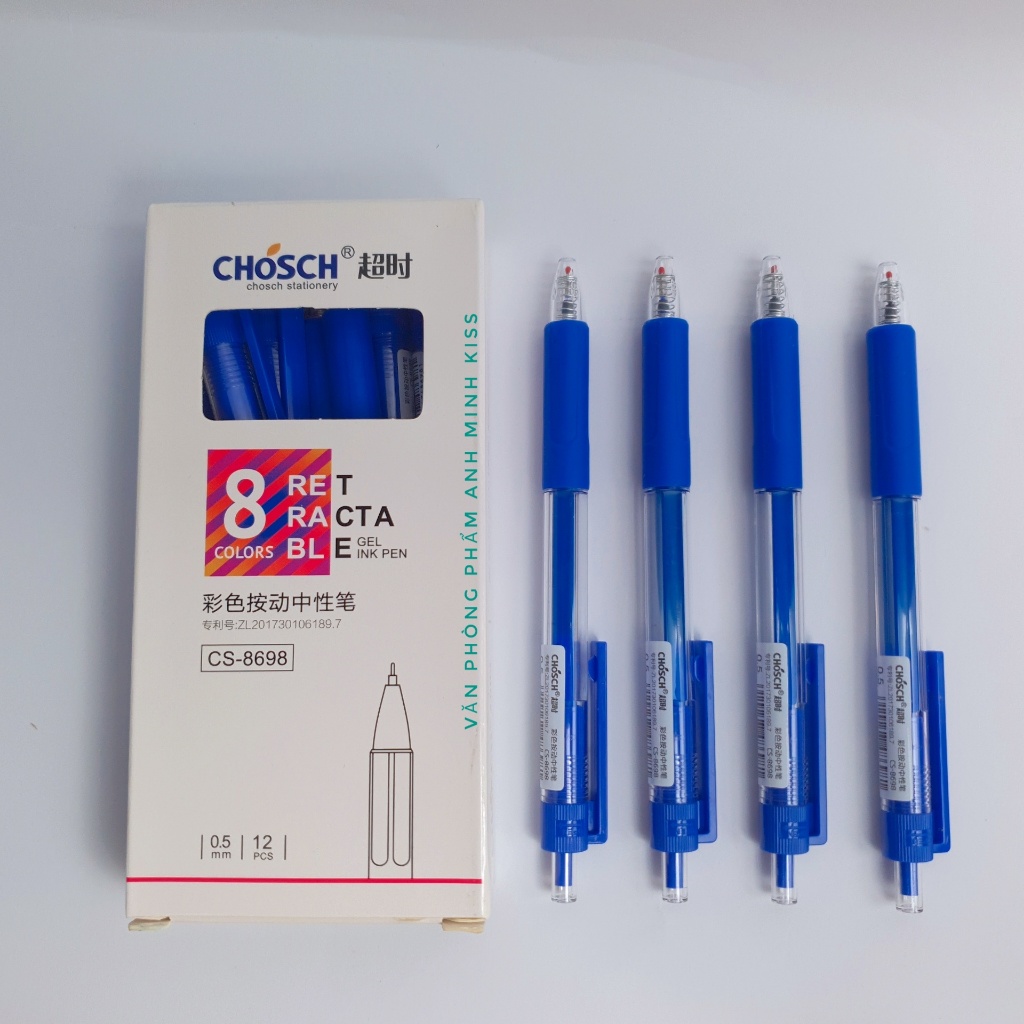 Hộp 12 cây bút mực Gel CHOSCH-8698 dạng bấm loại tốt Mực Xanh/Tím.