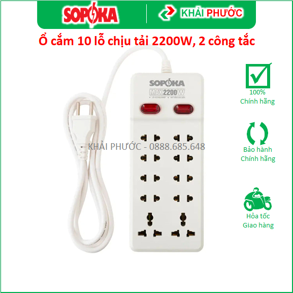 Ổ cắm siêu chịu tải 2200W 10 lỗ ổ chân cắm 2 công tắc không dây có dây SOPOKA 10Y-0 10Y-2 10Y-4 10Y-