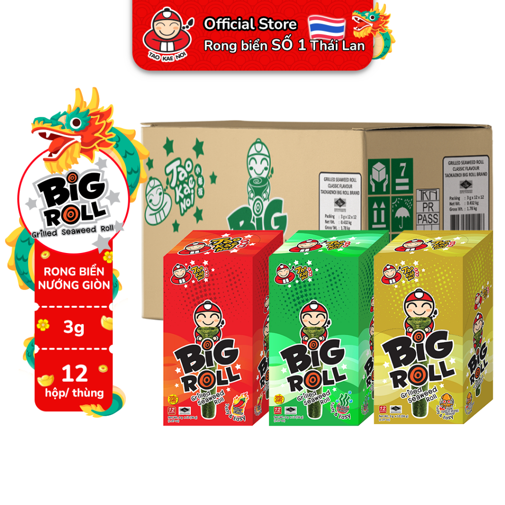 [MUA THÙNG 12 HỘP TẶNG 1 DÂY BIG SHEET 24 GÓI] Snack Rong Biển BIG ROLL Thái Lan 12 Gói Các Vị (12 hộp)