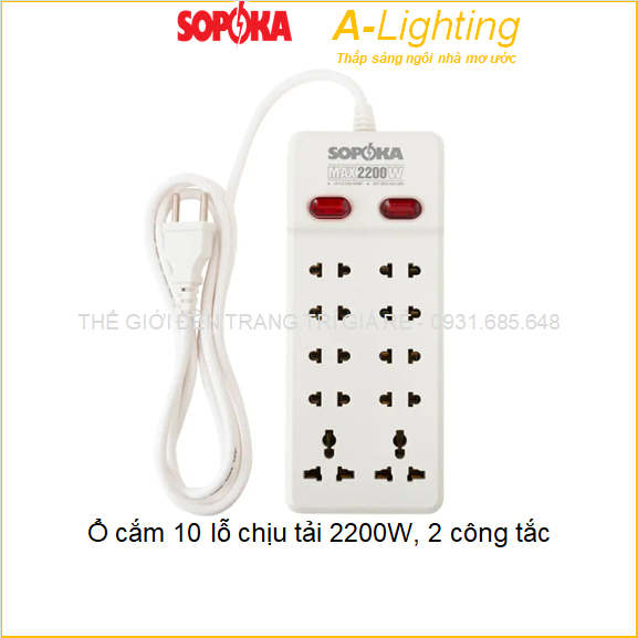 Ổ cắm siêu chịu tải 2200W 10 lỗ ổ chân cắm 2 công tắc không dây có dây SOPOKA 10Y-0 10Y-2 10Y-4 10Y-