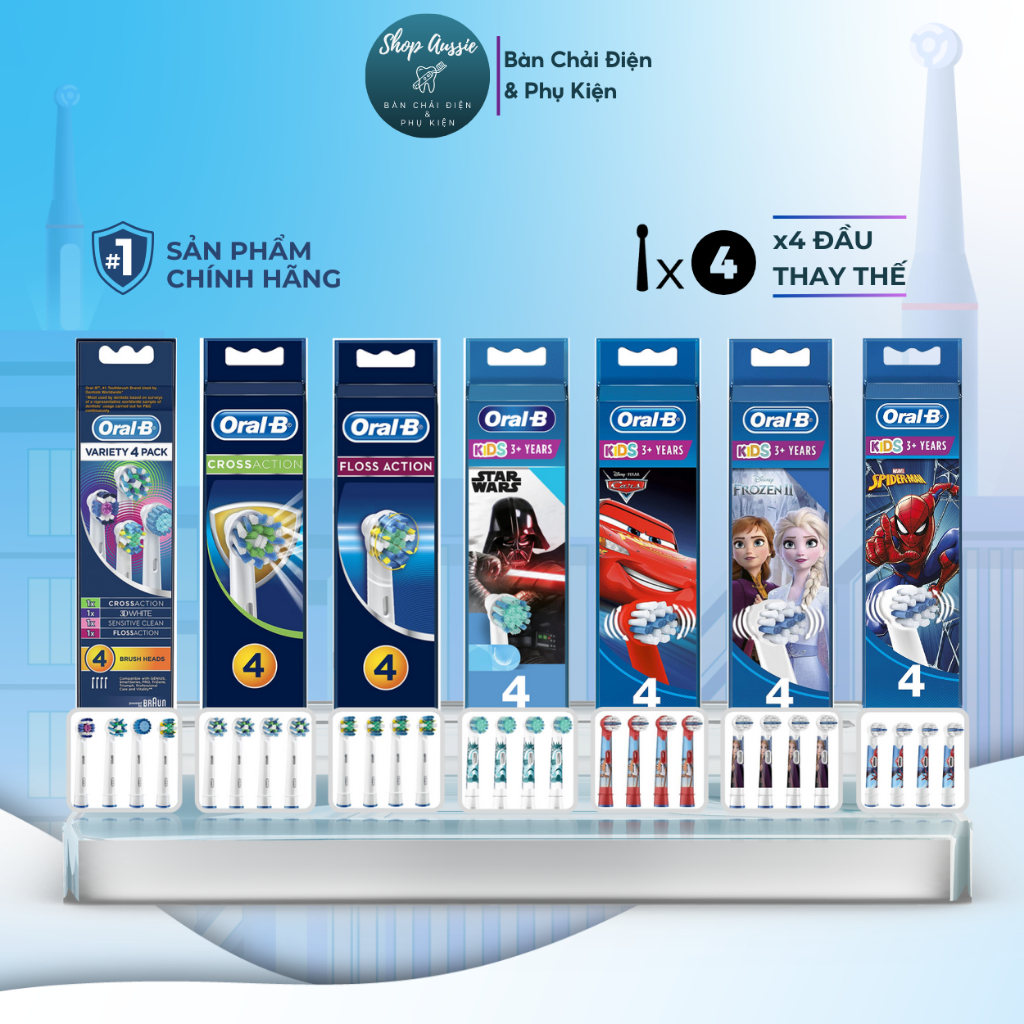 Vỉ 4 Đầu Bàn Chải Điện Braun - Đủ Loại Đầu Bàn Chải Điện Oral B Cho Bé Và Người Lớn [Tách Set]