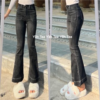 Quần jeans ống loe 2 túi trước màu khói Yến Tee, thiết kế gấu to 4cm,quần đi học