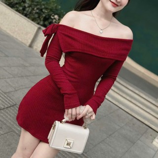 Đầm body trễ vai tay dài phối bèo buộc nơ có mút 45737