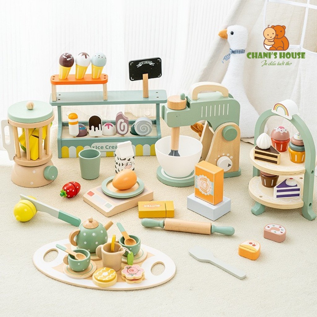 Trò Chơi Đồ Hàng Kabi Trà Chiều, Quầy Kem, Quầy Bánh, Máy Xay, Máy Pha Cafe - Đồ Chơi Bằng Gỗ