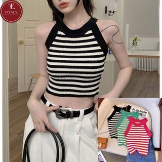 Áo len yếm croptop, Áo len kẻ cổ yếm, Chất liệu len mỏng mềm mại, tôn dáng, Hàng len tăm quảng châu cao cấp NT9