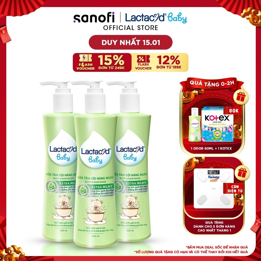 Bộ 3 chai Sữa Tắm Gội Trẻ Em Lactacyd Milky Bảo Vệ, Nuôi Dưỡng Da và Tóc Bé 500ml/chai