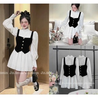 Set đầm váy nữ chất lụa dánh xòe nhẹ dài tay phối yếm ghi lê nhung đính nút cực sang chảnh trẻ trung