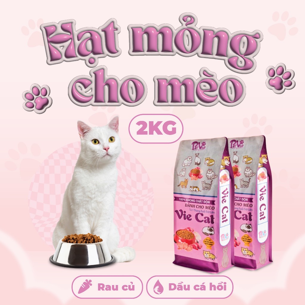 2KG Thức ăn hạt MÈO PETVIE bổ sung DẦU CÁ HồI và RAU Củ giúp Lông khỏe giảm rụng, giảm chảy nước mắt