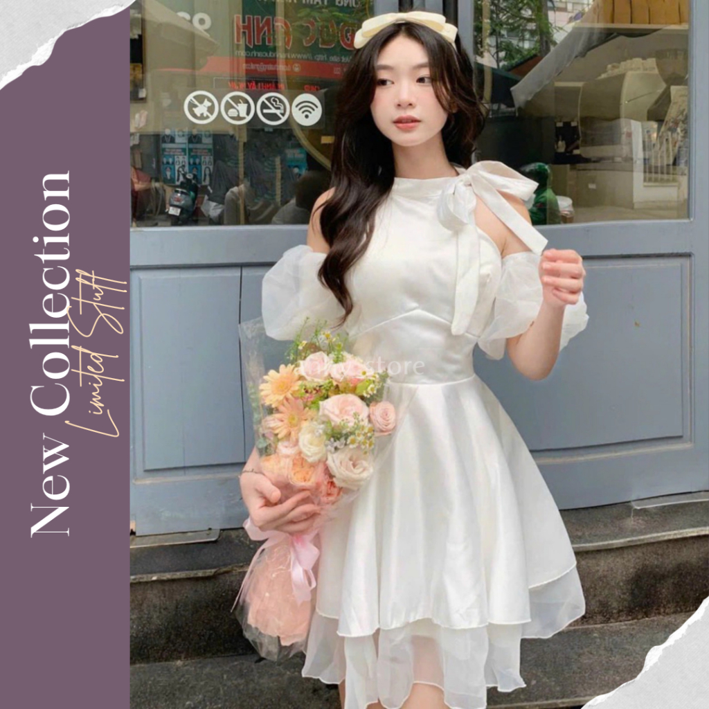 Váy Trắng Dự Tiệc Kỷ Yếu Dáng Ngắn Đính Nơ, Đầm tay phồng dáng ngắn đi cưới Màu Trắng Sang Chảnh [Có bigsize]