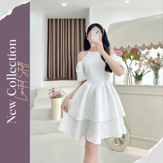 Váy trắng chụp kỷ yếu cổ vuông buộc nơ eo, Đầm dự tiệc trắng tiểu thư dáng xòe cổ vuông tay phồng thắt nơ sau xinh đẹp