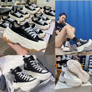 Giày độn đế mlb chunky NY vải đen cao thấp cổ, Giày mlb vải đế 5cm hách dáng đế nâu mới hàng 11 full bill box túi hộp