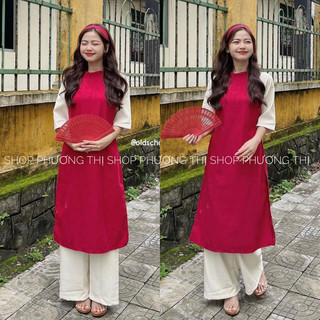 (Tặng turban) Áo dài diện tết - Sét áo dài nhung lì trơn basic pha tay phù hợp cho mùa xuân