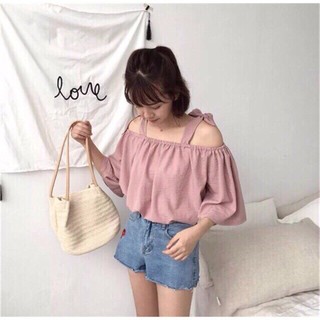 Áo kiểu nữ tay ngắn trễ vai thắt nơ dễ thương m11