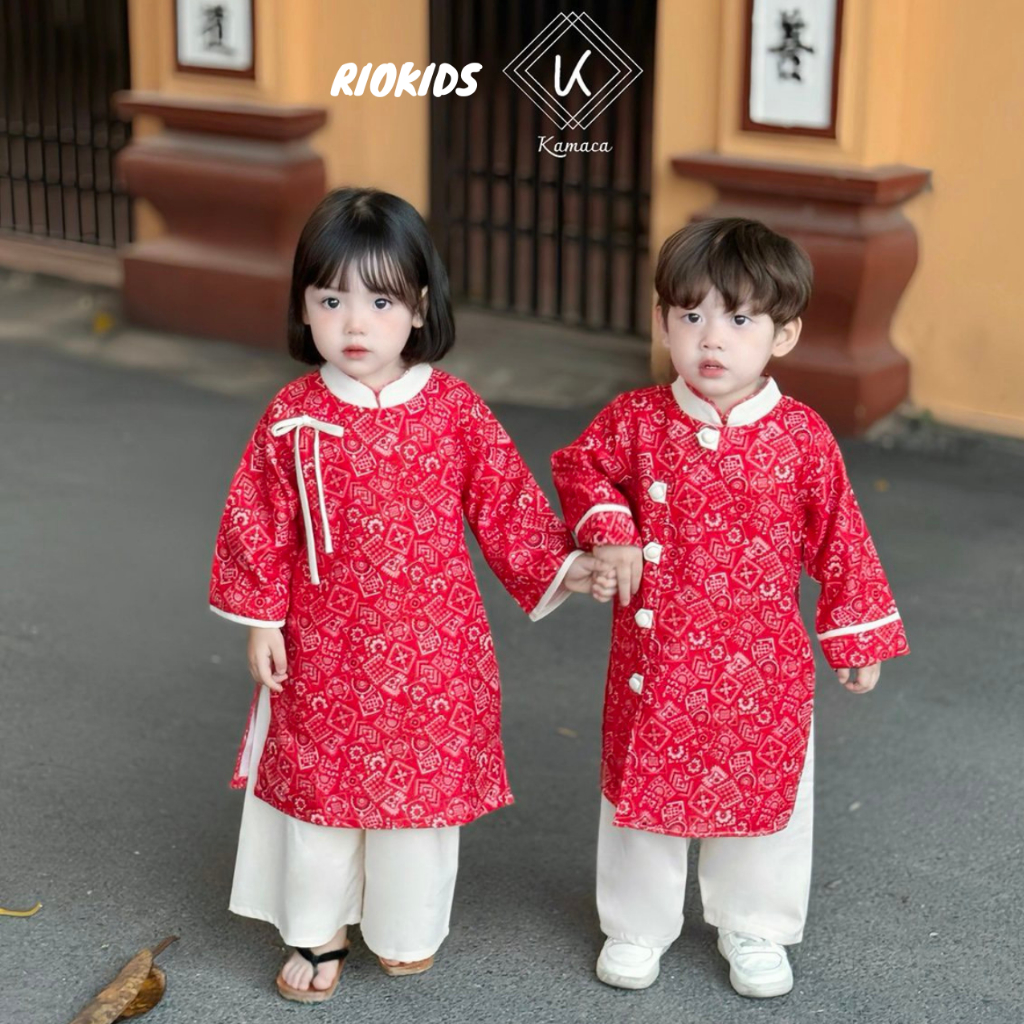 Áo dài cách tân Cát Tường đỏ KAMACA cho bé trai bé gái mặc Lễ Tết, Mùa Xuân AD30