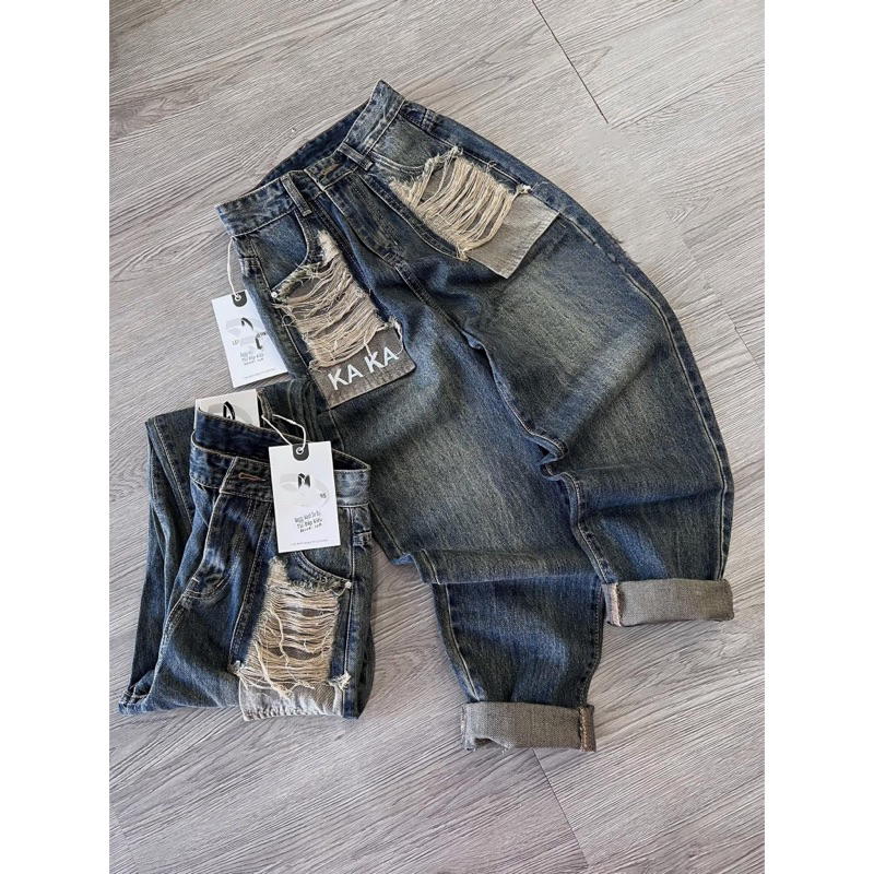 Quần Bò Baggy Phối Túi Chữ Kaka, Quần bò jeans cạp lưng cao phong cách Ulzzang