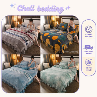 Bộ chăn ga gối nỉ nhung mịn viền bèo cao cấp 4 món đủ kích thước set chăn ga nỉ nhung bộ chăn ga nỉ - miều bedding
