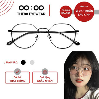 Gọng kính cận nam nữ THE88 kim loại dáng đa giác siêu nhẹ mắt 0 độ giả cận phong cách vintage chống ánh sáng xanh KC59