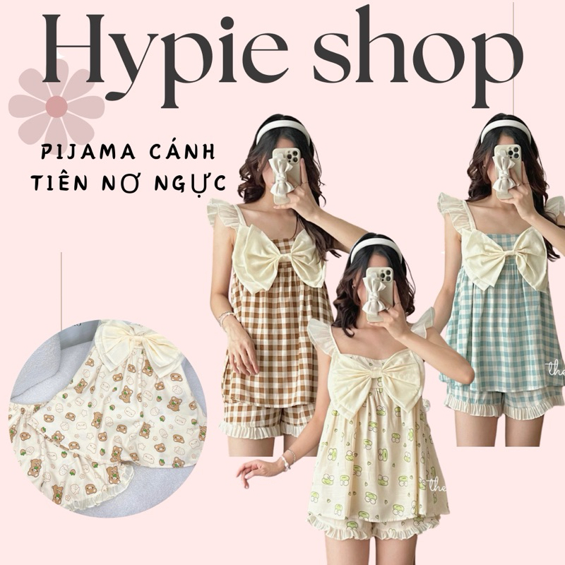 Pyjama cánh tiên đũi xước phối nơ/ ren hoạ tiết xinh xắn. Đồ ngủ nữ phong cách tiểu thư vải mịn dày dặn