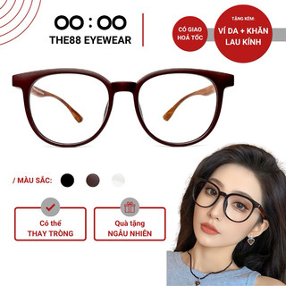 Gọng kính cận nam nữ THE88 nhựa giả gỗ dáng oval phong cách cổ điển tròng 0 độ giả cận chống ánh sáng xanh KC54