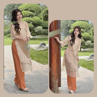 (SHOP BIGSIZE NỮ 50KG ĐẾN 90KG) set áo dài hoa nhí 4 tà màu hồng xanh cam mặc tết, đi lễ, đi chùa, đồ lam