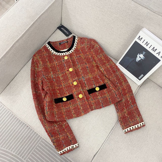 Áo dạ tweed kẻ ziczac cổ tròn cúc đồng