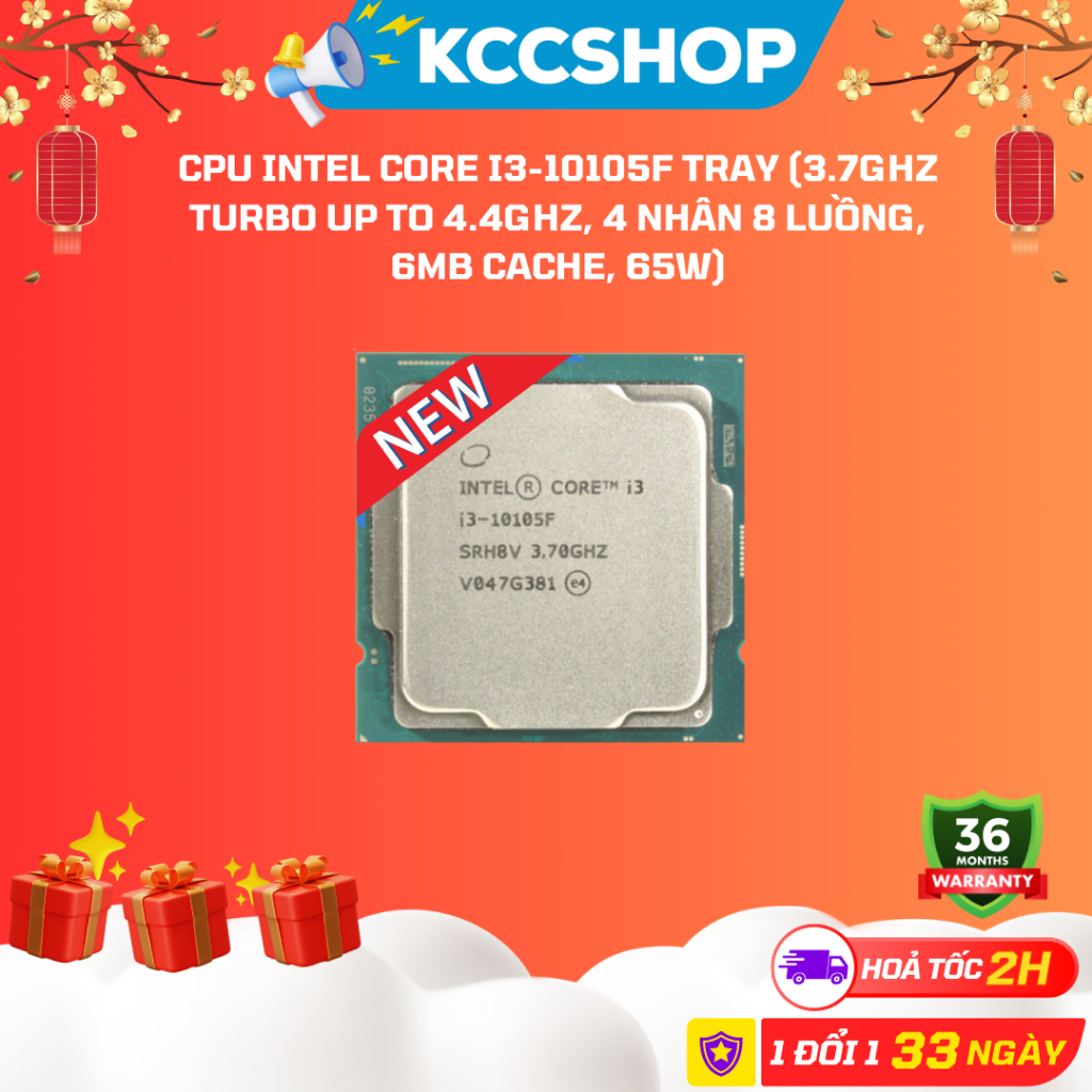 Bộ vi xử lí CPU Intel Core i3-10105F Tray (3.7GHz turbo up to 4.4Ghz, 4 nhân 8 luồng, 6MB Cache, 65W) - Socket Intel LGA