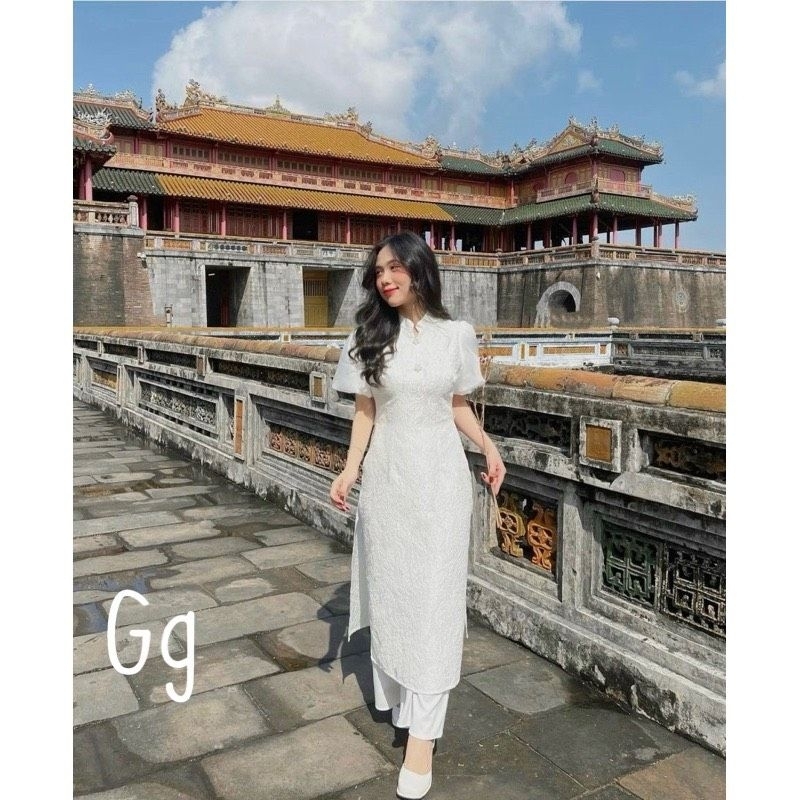 Set Áo Dài Cách Tân Gấm Hoa Tay Phồng