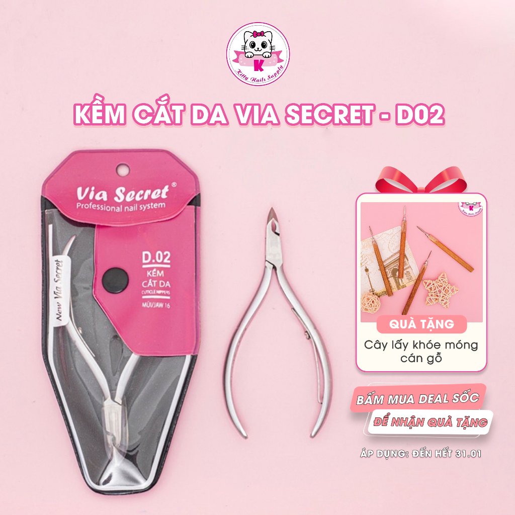 Kềm nhặt da chuyên dụng D02 Via Secret đầu vuông chất liệu inox không gỉ - Kitty Nails Supply