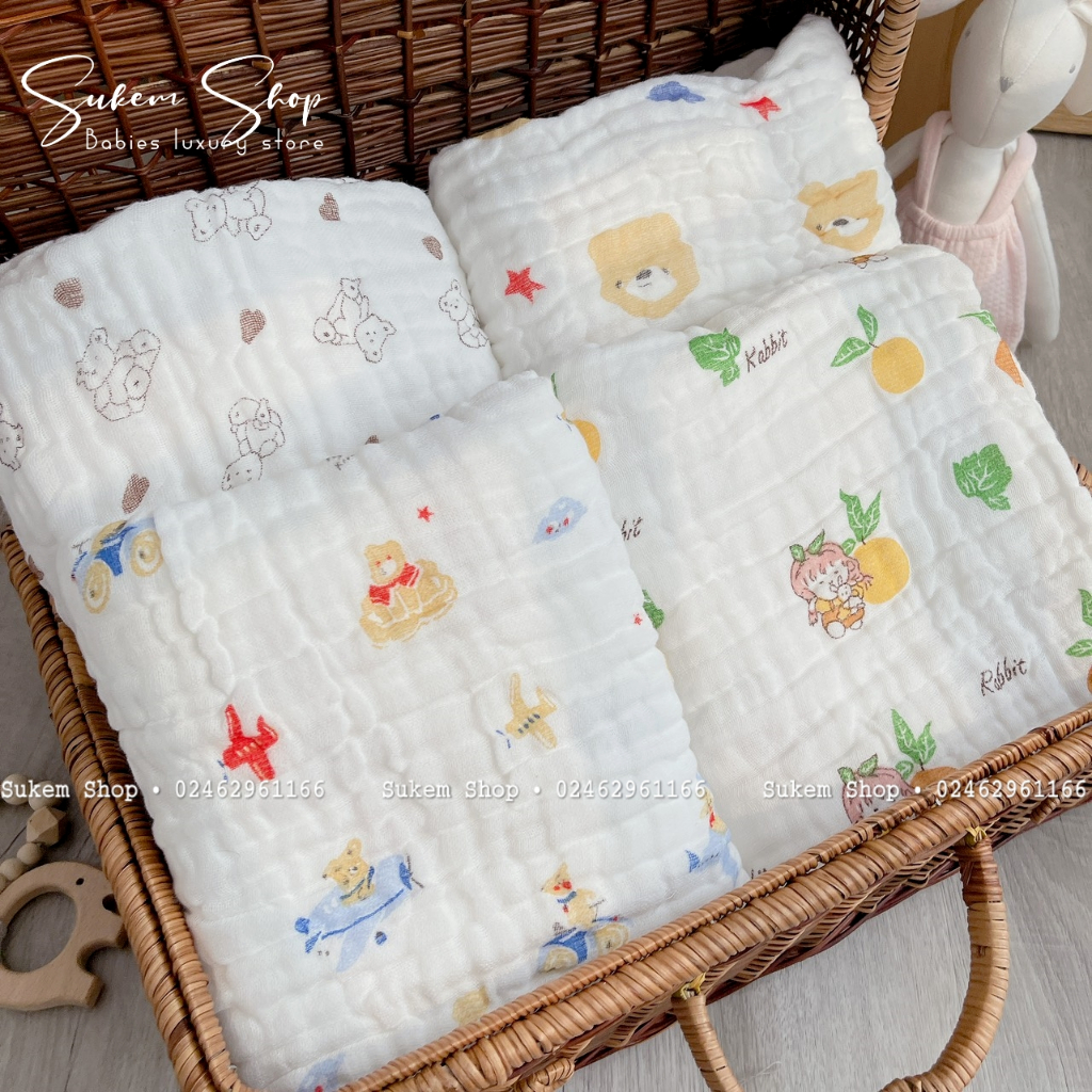 Khăn Xô Mipbi 6 Lớp In Họa Tiết Xinh Xắn, Khăn Tắm Cho Bé