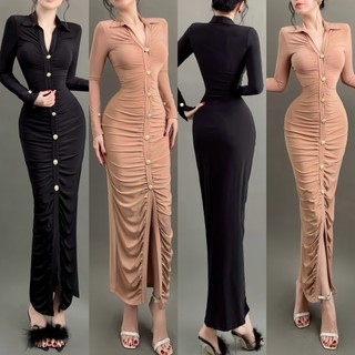 1128 - đầm thun nhún dáng dài ôm body sang trọng
