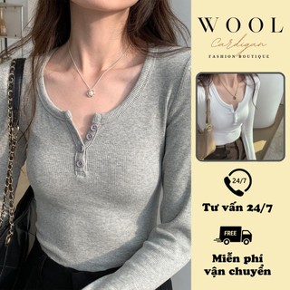 Áo thu đông nữ cổ V cài cúc có đệm mút, Áo thun nữ dài tay chất thun tăm mềm mịn không bai rão