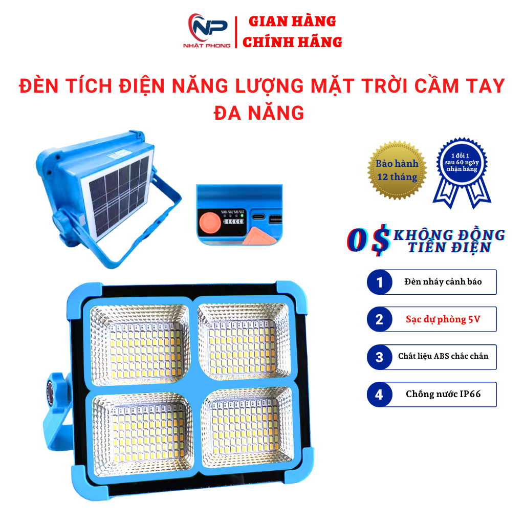 Đèn tích điện năng lượng mặt trời cầm tay đa năng 100W, tấm pin tháo rời dây dài 4m,3 chế độ sáng,có
