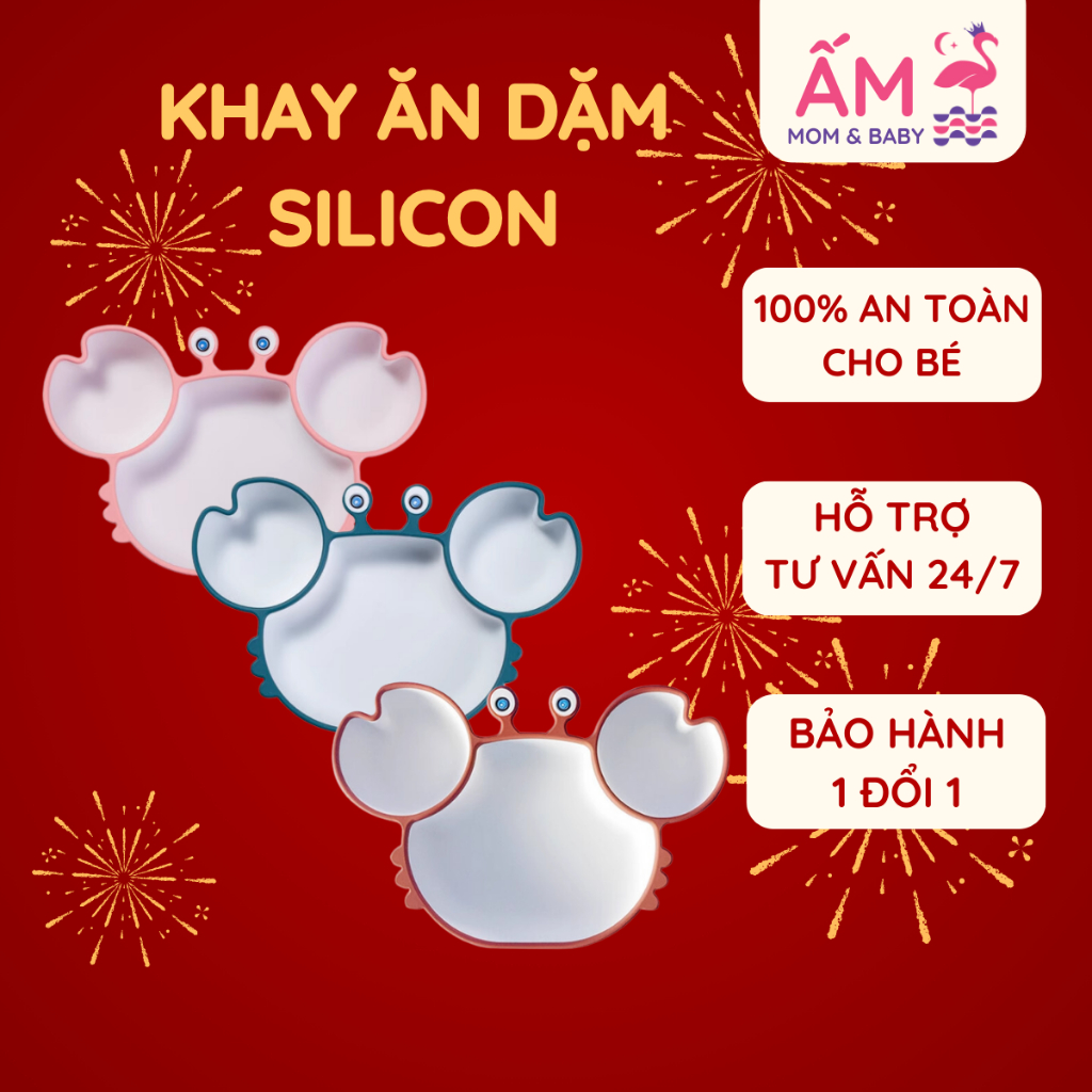 Khay Ăn Dặm Silicon Cho Bé Để  Đồ  Hình Con Cua Dễ Thương Ấm Baby Có Đế Hút Chống Đổ Cao Cấp Ấm Gift Decor