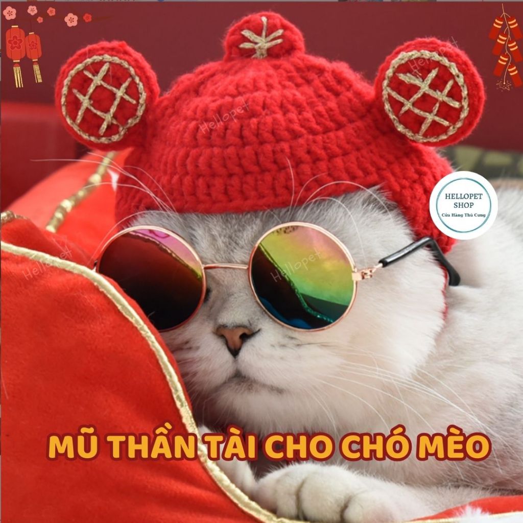 Mũ len cho chó mèo, Mũ thần tài dễ thương, Mũ cho chó mèo, Mũ cho chó, Mũ cho mèo, Phụ kiện chó mèo