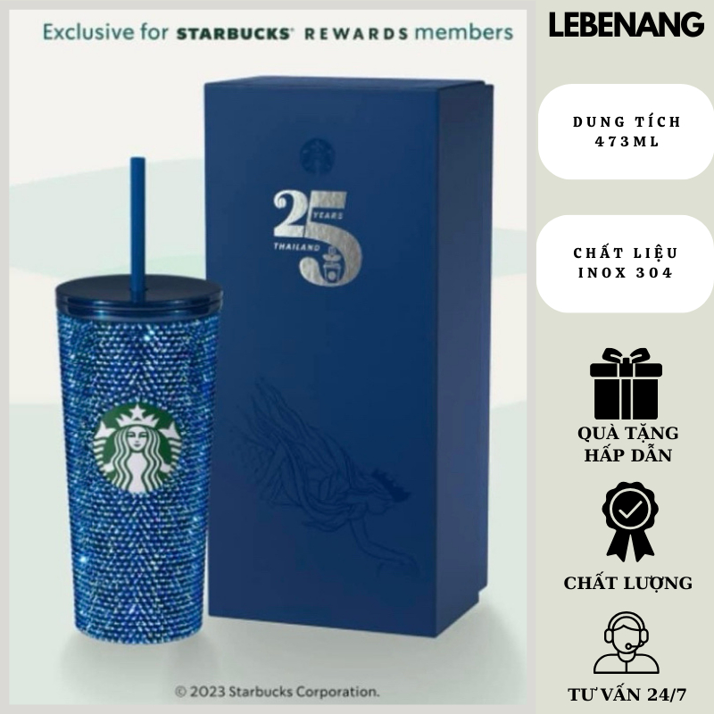 Ly giữ nhiệt Starbucks Blue Rhinestone 473ml, bình nước inox 304 fullbox hãng đính đá bản kỉ niệm 25 năm Lebenang