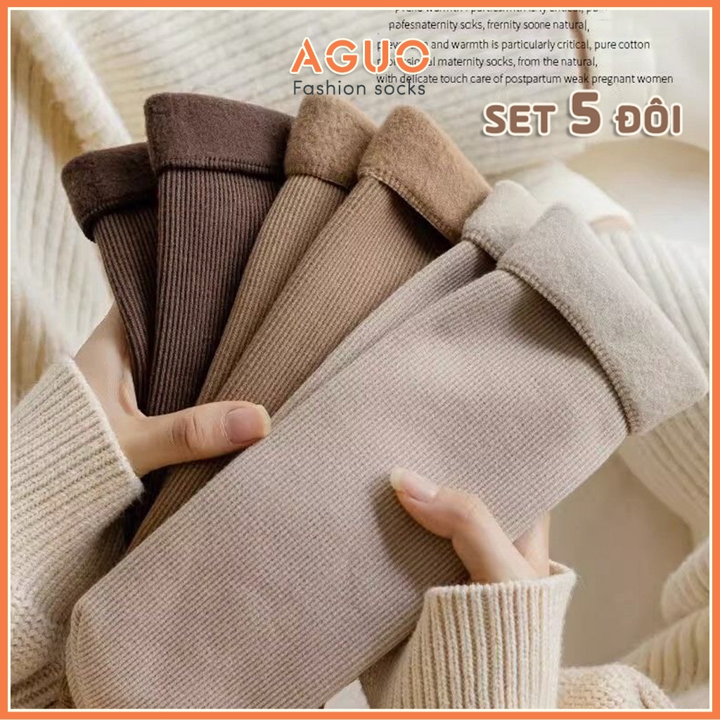 Tất nữ cổ cao lót lông chất liệu cotton dày dặn ấm áp bassic dễ phối đồ - Aguo shop