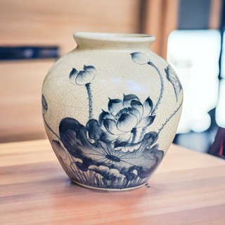 Lọ hoa vẽ sen, bình hoa bát tràng men rạn, lọ hoa bát tràng men rạn cổ