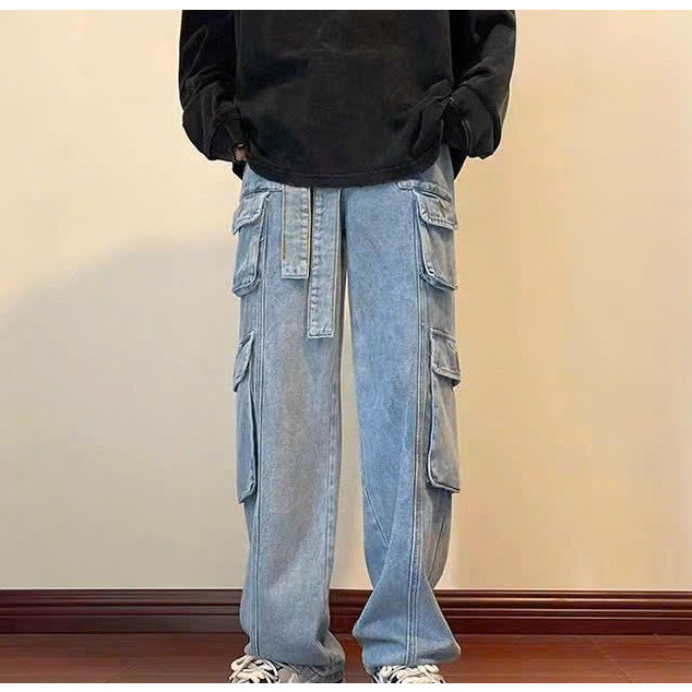 Quần jean Baggy 8 túi Nam Nữ ống rộng có đai to Hiphop, Quần dài nam cargo pants - Avocado