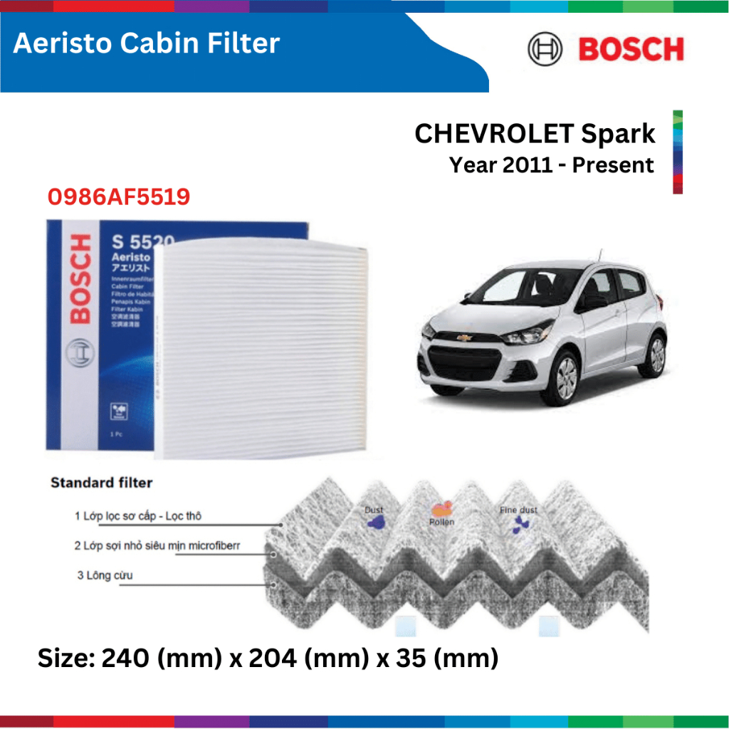 Lọc gió điều hòa BOSCH Aeristo, xe CHEVROLET Spark đời xe 2011 đến nay, lọc gió máy lạnh Spark