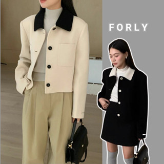 Áo khoác dạ dáng vừa Forly phối cổ đen thời thượng phong cách Hàn Quốc T044